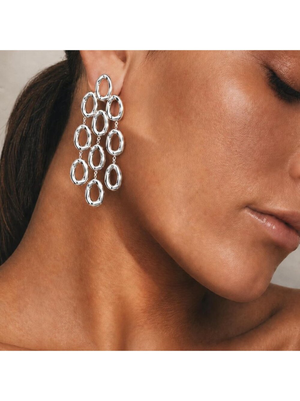 Women's Silver 18k Gold Plated Statement Hammered Chandelier Long Oval Earrings - Picture 2 of 7